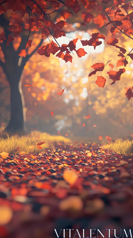 Shallow-depth autumn forest path with drifting red leaves