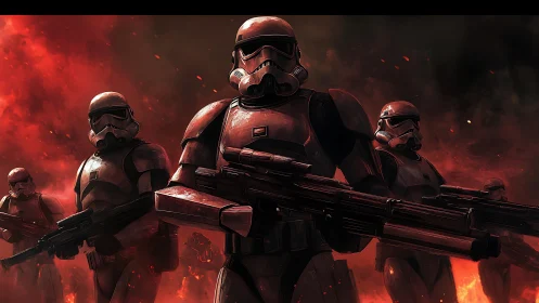 Armored sci fi soldiers advance through a blazing warzone