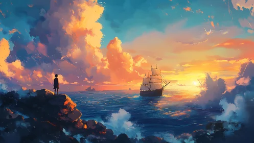 Sunset-illuminated clipper departing turbulent littoral horizon.