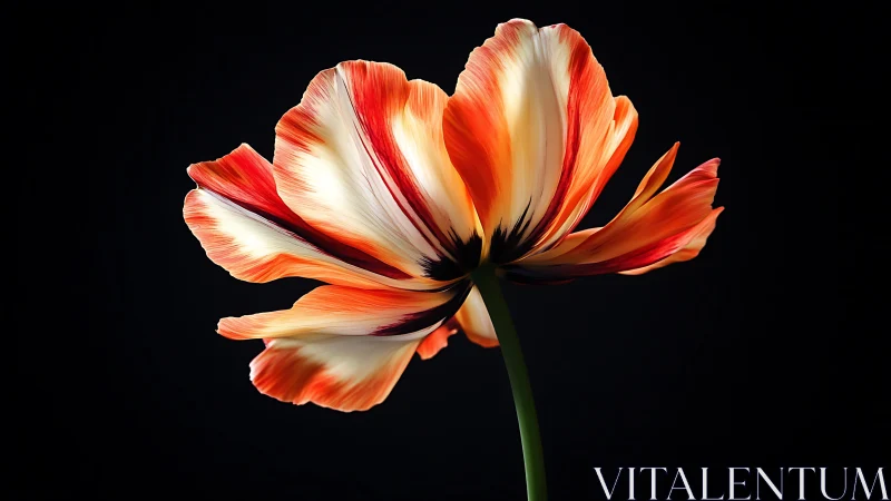 Red and White Striped Flower Against Black Background.