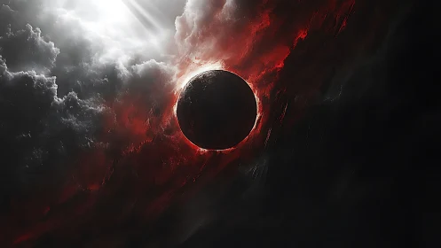 Lunar silhouette bisects crimson nebular eclipse environment