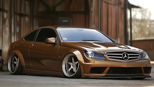 Bronze Mercedes coupe resting low in quiet urban sunlight.