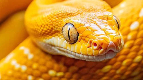 Photorealistic macro study of a coiled golden python headshot.