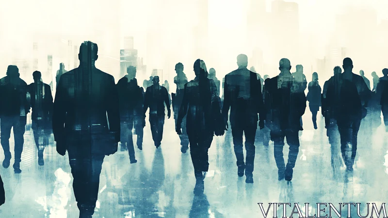 Double-Exposure Silhouettes Traversing Urban Skyline Architecture.