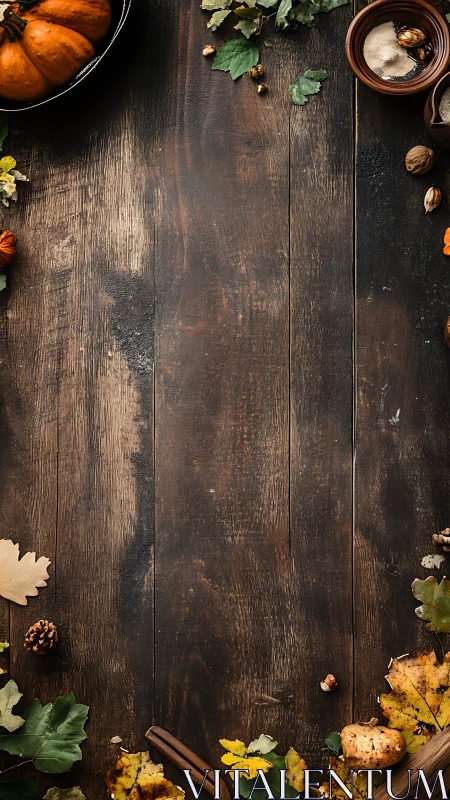 Rustic autumn food background on dark wooden table.