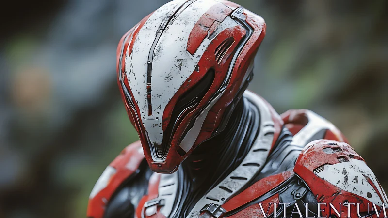Battleworn red sci fi combat helmet with sleek visor.