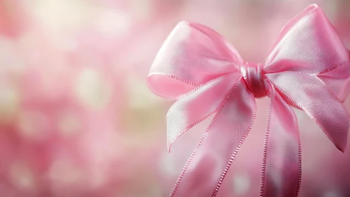 Pink ribbon bow with trailing streamers on blurred background