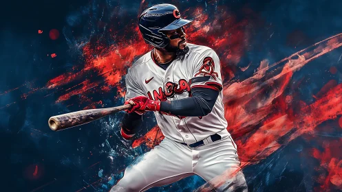 Baseball batter prepares swing against abstract color streaks