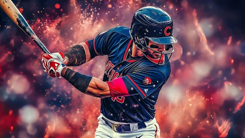 Baseball batter in navy uniform swinging with fiery backdrop.