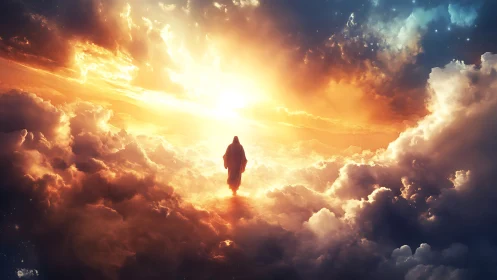 Backlit robed silhouette framed by volumetric sunset cloudscape