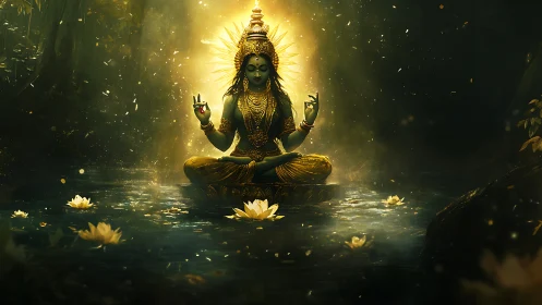 Divine female figure meditating on lotus in forest pool.