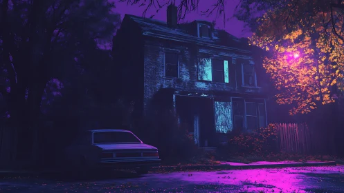 Abandoned brick house at night under neon magenta streetlight