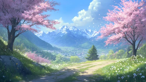 Mountain valley path with cherry trees and distant village.