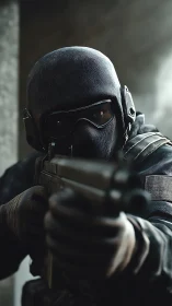 Silent operator steadies a rifle in razor‑sharp focus