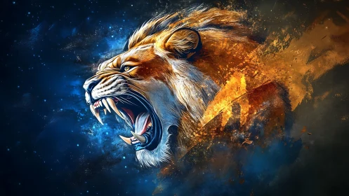 Roaring cosmic lion bursting through fire and starlight.