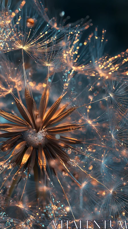 Shimmering dandelion seeds glow like embers in twilight air