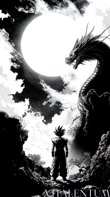 Moonlit warrior confronting celestial dragon in stark ink night.