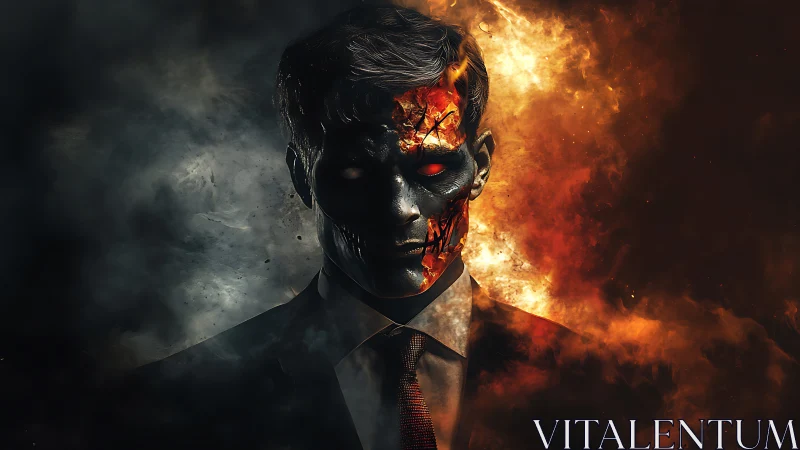 Inferno-faced executive dividing night and flame worlds.