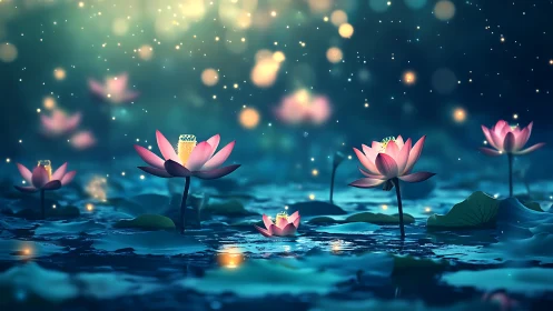 Glowing Pink Lotus Flowers in Enchanted Blue Nighttime Water