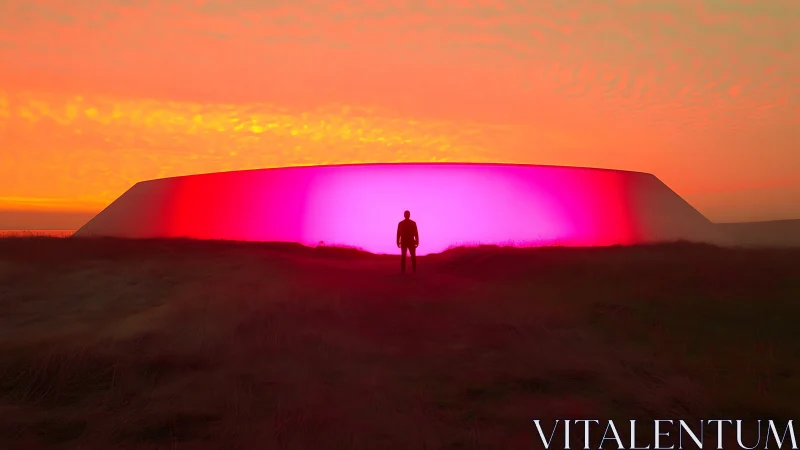 Silhouette faces neon horizon beside glowing magenta dome.