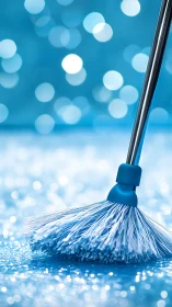 Blue cleaning mop on wet reflective floor in soft focus.