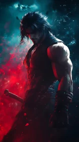 Stormlit ronin breathes fire and shadow in sculpted silence