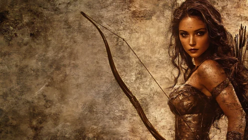 Warrior archer woman stands poised against a rugged wall