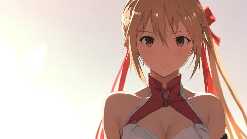 Sunlit anime swordswoman with crimson ribbon accents.