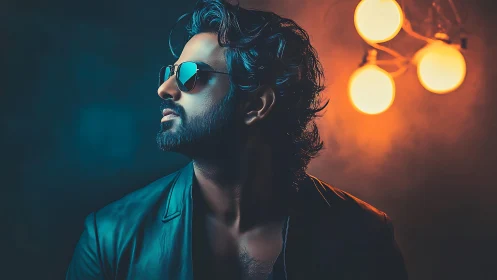 Male subject in leather jacket under orange studio lights.