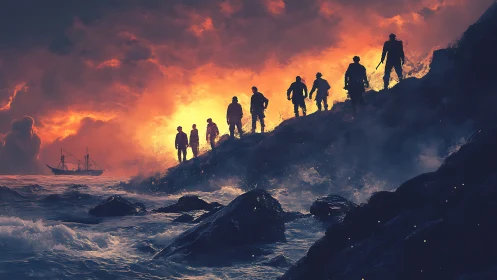 Silhouetted figures move along a rocky coast at sunset