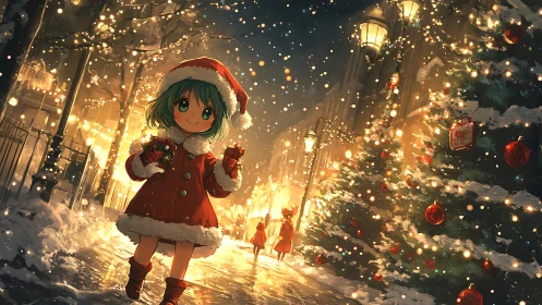 Green-haired girl walks through glowing snowfall on Christmas