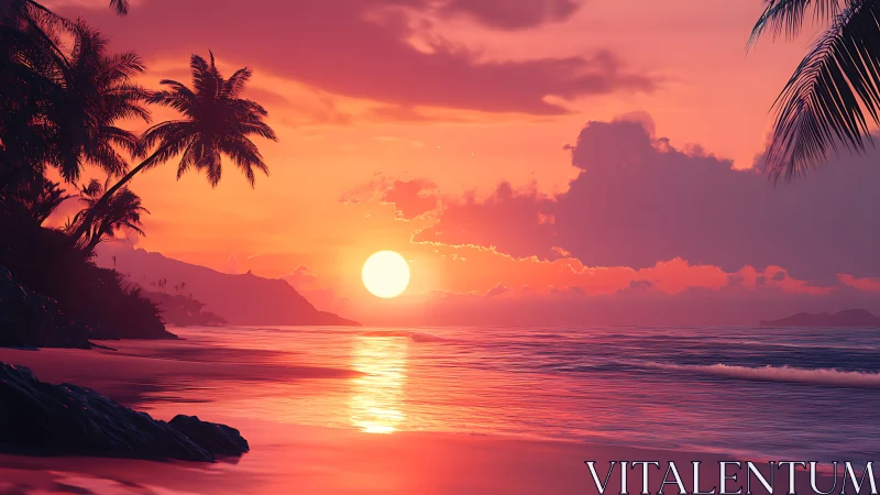 Tropical shoreline sunset renders saturated volumetric light gradients