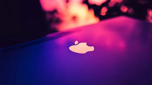 Laptop lid logo under neon pink and blue gradient light.