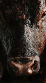 Close-up frontal view of cow muzzle in dark lighting.