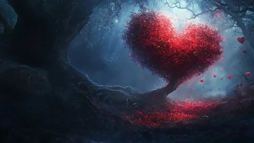 Heart-Shaped Tree Glowing Red in Dark Forest Setting.