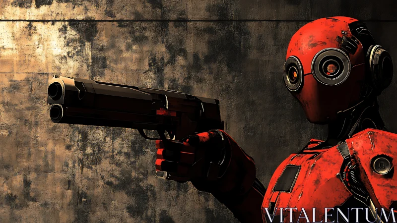 Cyberpunk red combat android in profile with handgun poised.