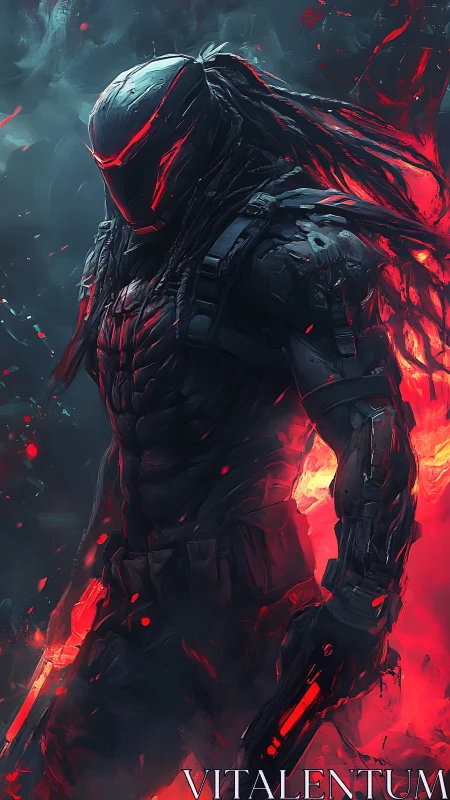 Cyberpunk armored sentinel in molten neon backlight profile.