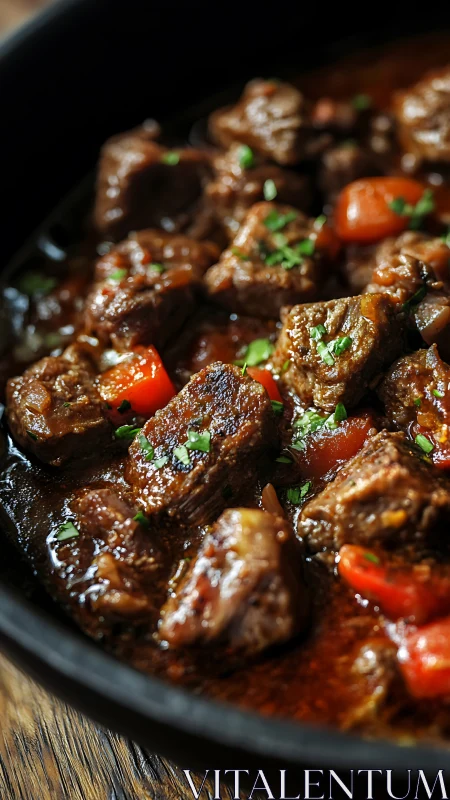 Rich beef stew with carrots in dark rustic serving bowl.