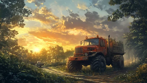 Red logging truck on rural dirt road at sunset in forest.