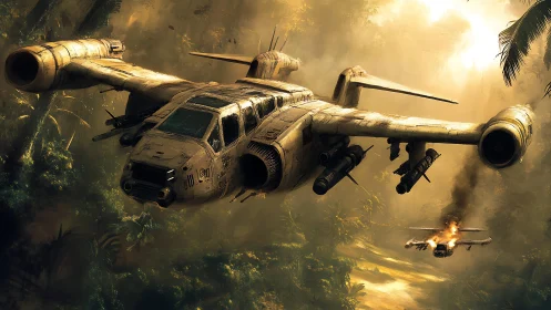 Jungle gunship gliding through sunlit smoke and foliage.