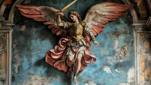Radiant armored angel rises with sword against weathered wall