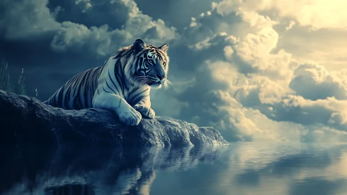 Moonlit tiger resting beside a quiet skylit lake.