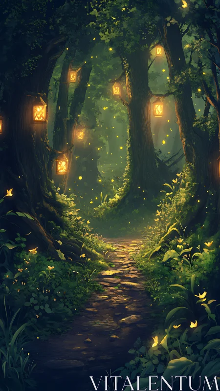 Illuminated Forest Pathway with Lanterns.