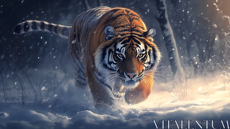 Tiger moving through snowy forest in low winter light.