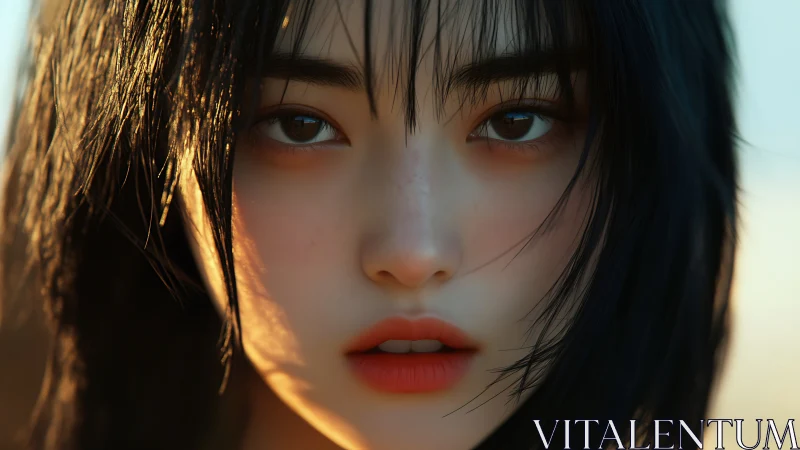 Sunlit close up of a thoughtful girl with gentle gaze.