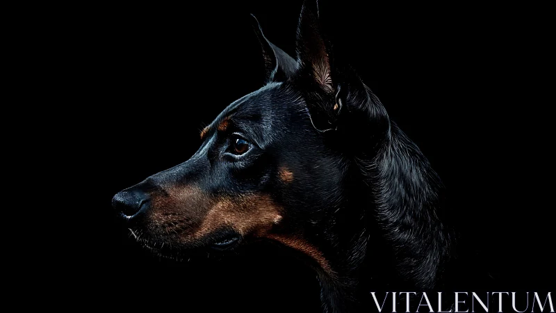Low key profile portrait of alert black and tan Doberman Pinscher