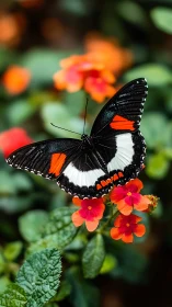 Butterfly rests on red flowers in shallow depth of field