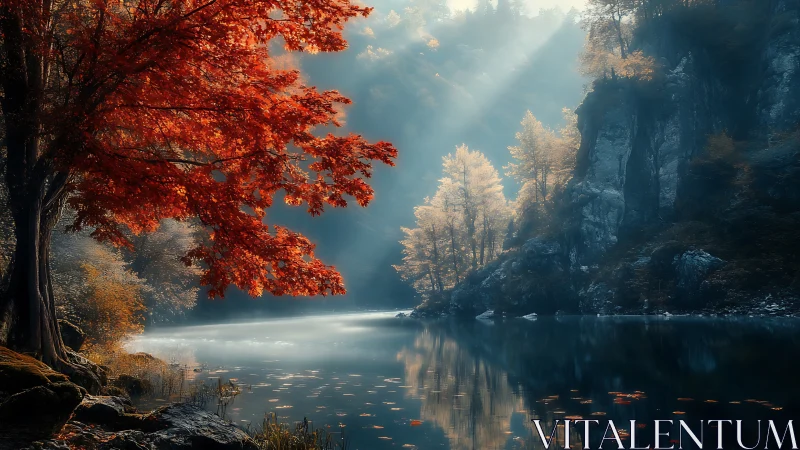 Digital painting of autumn lake with atmospheric rim lighting.