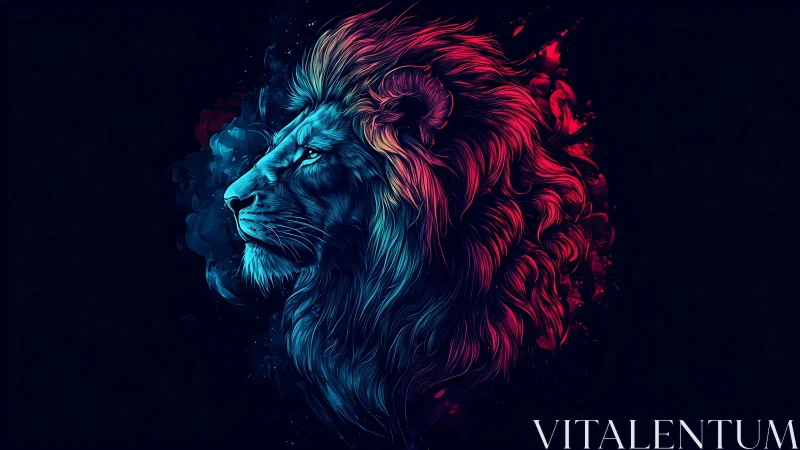 Neon duotone lion portrait with dynamic brushwork and rim lighting