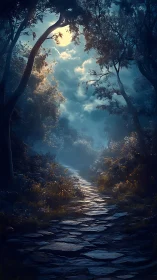 Forest Path Through Ancient Trees with Sky Opening.